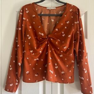 Abercrombie and Fitch Blouse Long Sleeve Twist Front Crop Brown Floral Size L